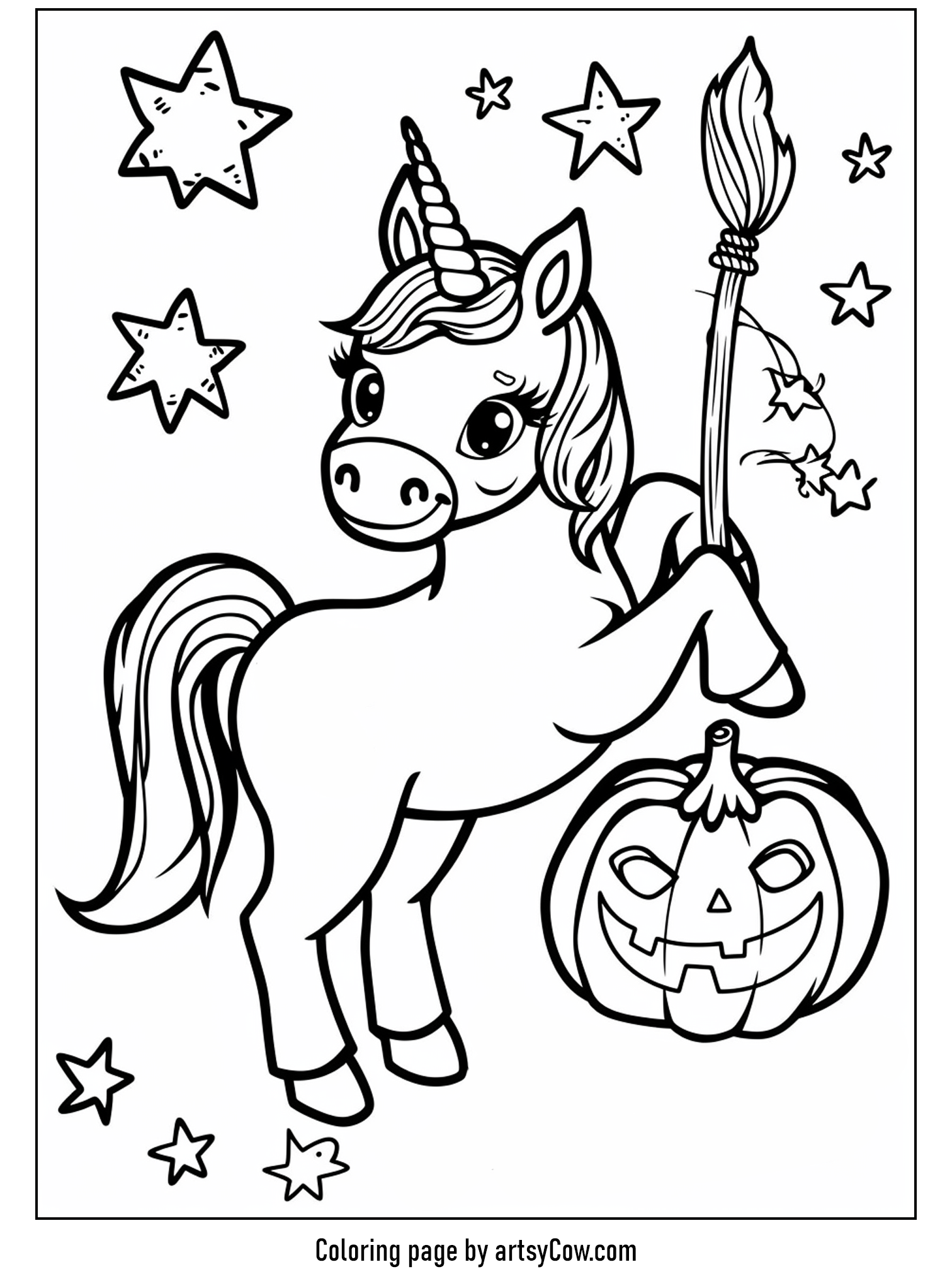 halloween coloring pages with unicorn featuring a charming unicorn holding a witch's broom, surrounded by stars and a festive pumpkin.